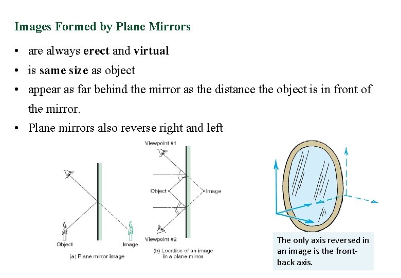 Images Formed by Plane Mirrors • are always erect and virtual • is same