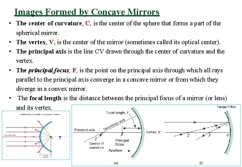 Images Formed by Concave Mirrors • The center of curvature, C, is the center