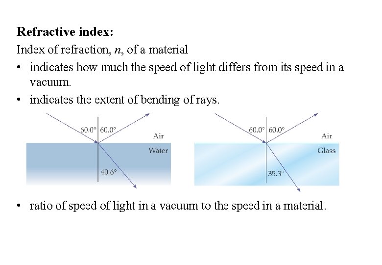 Refractive index: Index of refraction, n, of a material • indicates how much the