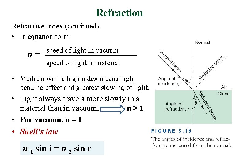 Refraction Refractive index (continued): • In equation form: n= speed of light in vacuum