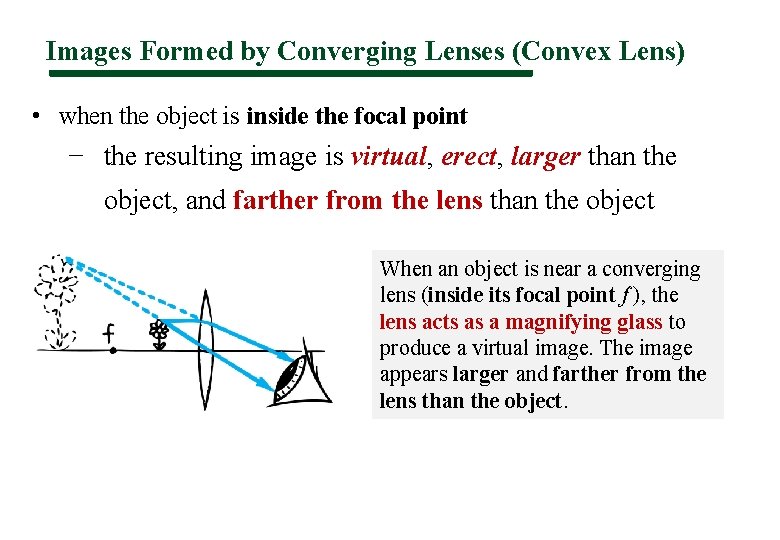 Images Formed by Converging Lenses (Convex Lens) • when the object is inside the