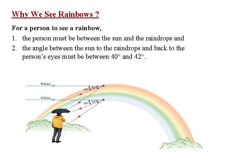 Why We See Rainbows ? For a person to see a rainbow, 1. the