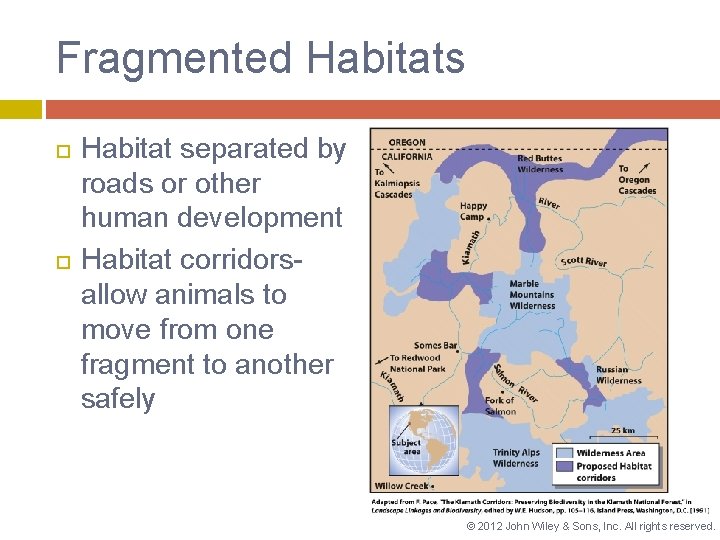 Fragmented Habitats Habitat separated by roads or other human development Habitat corridorsallow animals to