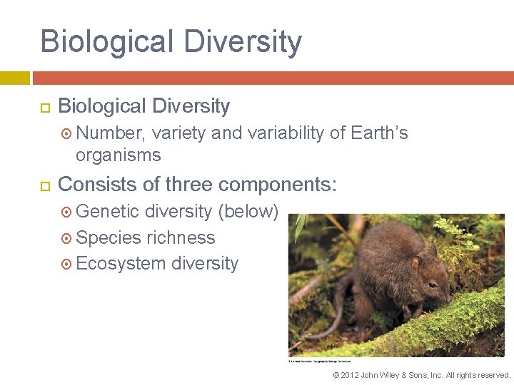 Biological Diversity Number, variety and variability of Earth’s organisms Consists of three components: Genetic