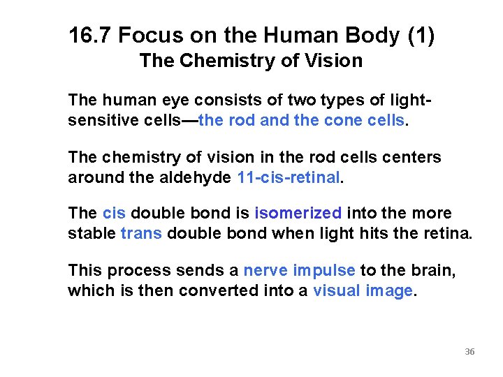 16. 7 Focus on the Human Body (1) The Chemistry of Vision The human