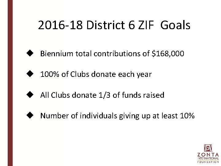 2016 -18 District 6 ZIF Goals u Biennium total contributions of $168, 000 u