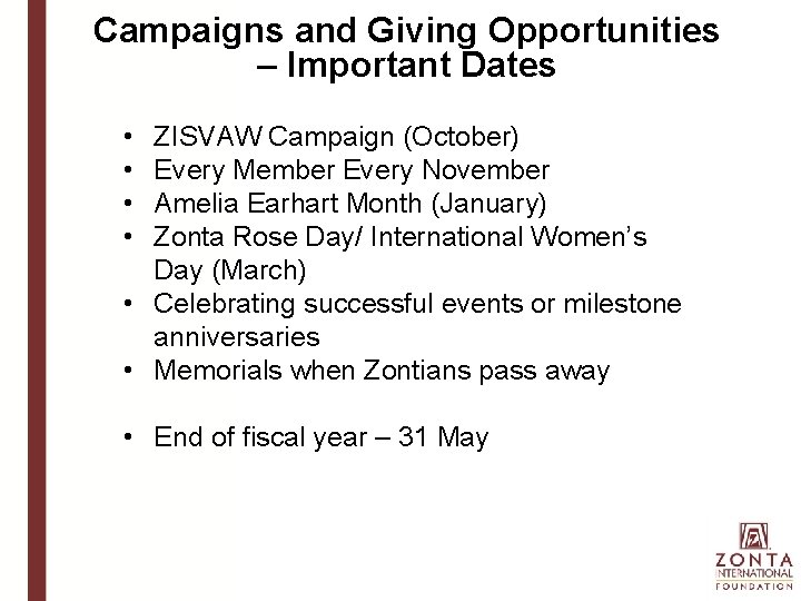 Campaigns and Giving Opportunities – Important Dates • • ZISVAW Campaign (October) Every Member