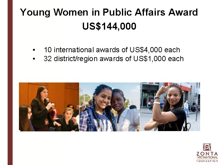 Young Women in Public Affairs Award US$144, 000 • • 10 international awards of
