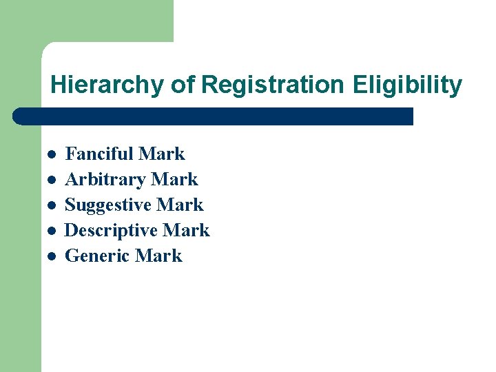 Hierarchy of Registration Eligibility l l l Fanciful Mark Arbitrary Mark Suggestive Mark Descriptive