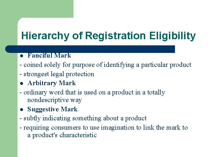Hierarchy of Registration Eligibility Fanciful Mark - coined solely for purpose of identifying a