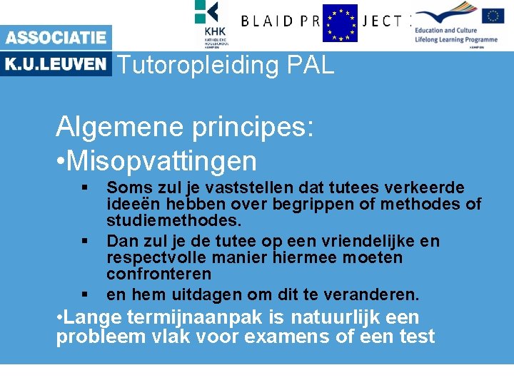 Tutoropleiding PAL Algemene principes: • Misopvattingen Soms zul je vaststellen dat tutees verkeerde ideeën