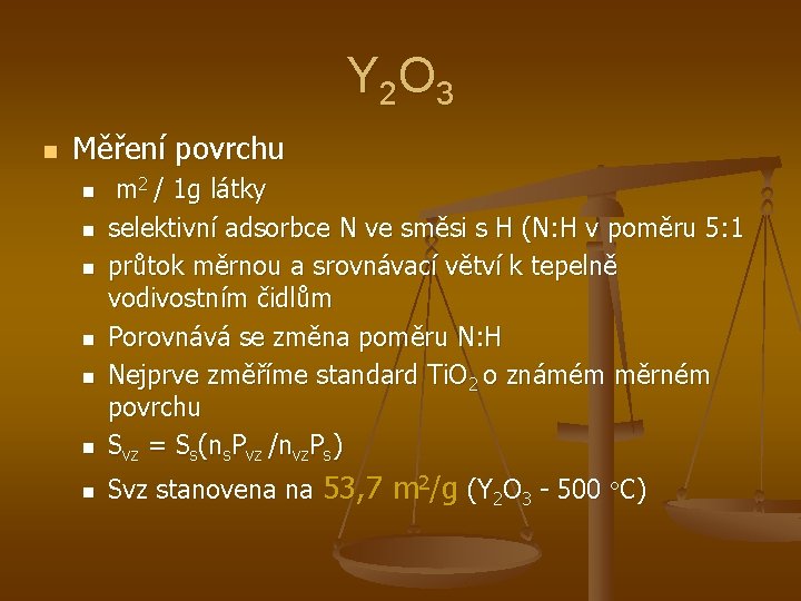 Y 2 O 3 n Měření povrchu n m 2 / 1 g látky