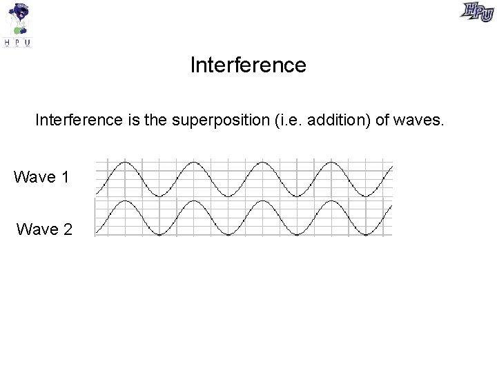 Interference is the superposition (i. e. addition) of waves. Wave 1 Wave 2 