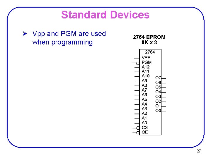 Standard Devices Ø Vpp and PGM are used when programming 2764 EPROM 8 K Standard Devices Ø Vpp and PGM are used when programming 2764 EPROM 8 K