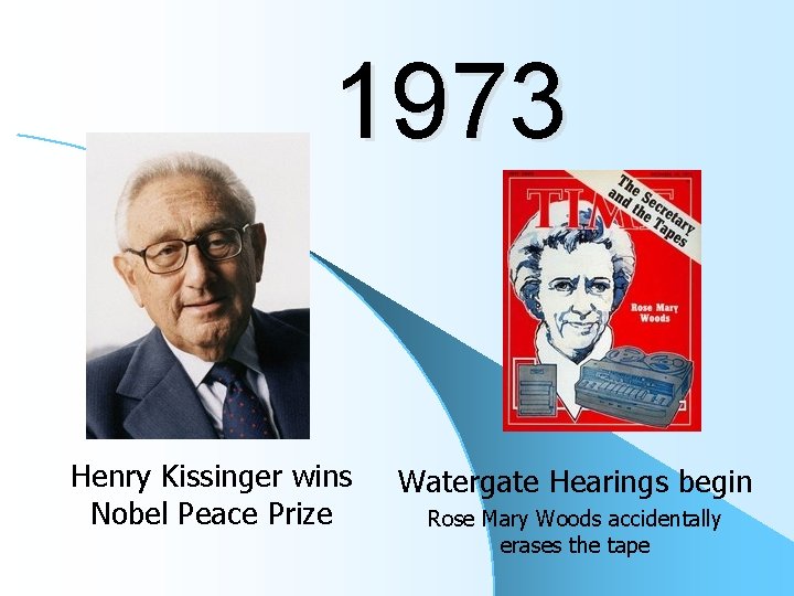 1973 Henry Kissinger wins Nobel Peace Prize Watergate Hearings begin Rose Mary Woods accidentally