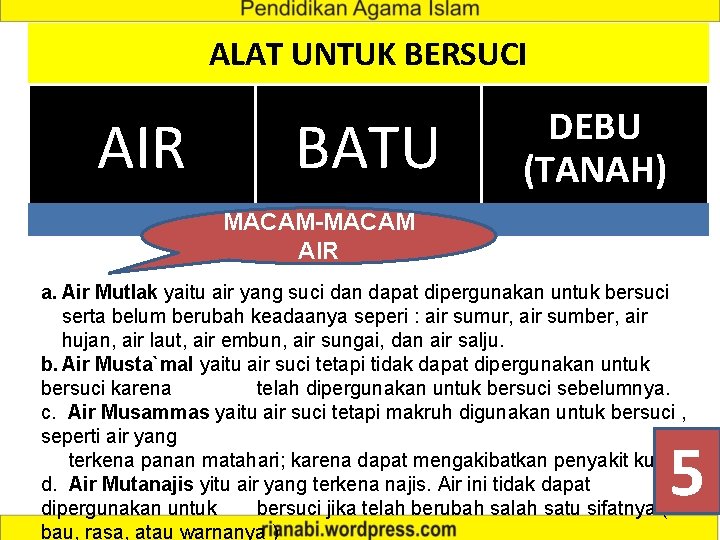 ALAT UNTUK BERSUCI AIR BATU DEBU (TANAH) MACAM-MACAM AIR a. Air Mutlak yaitu air