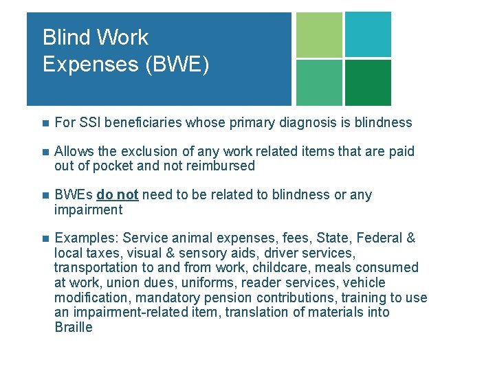 Blind Work Expenses (BWE) n For SSI beneficiaries whose primary diagnosis is blindness n Blind Work Expenses (BWE) n For SSI beneficiaries whose primary diagnosis is blindness n