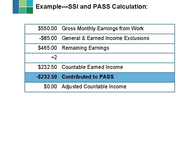 Example—SSI and PASS Calculation: $550. 00 Gross Monthly Earnings from Work -$85. 00 General