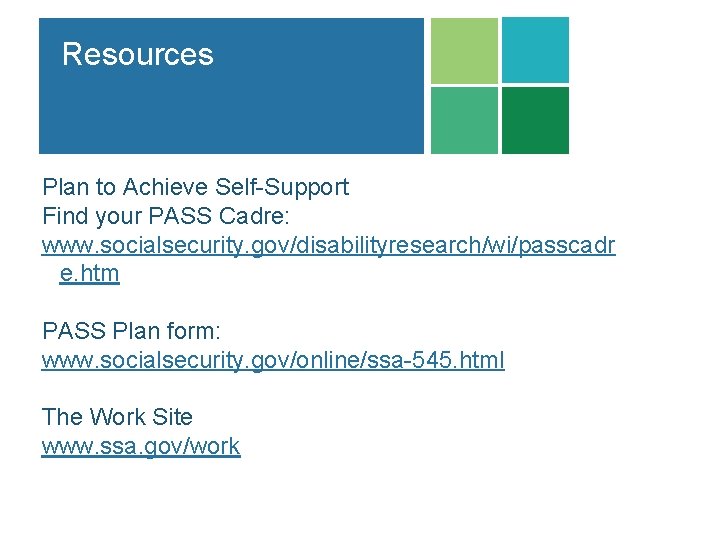 Resources Plan to Achieve Self-Support Find your PASS Cadre: www. socialsecurity. gov/disabilityresearch/wi/passcadr e. htm Resources Plan to Achieve Self-Support Find your PASS Cadre: www. socialsecurity. gov/disabilityresearch/wi/passcadr e. htm