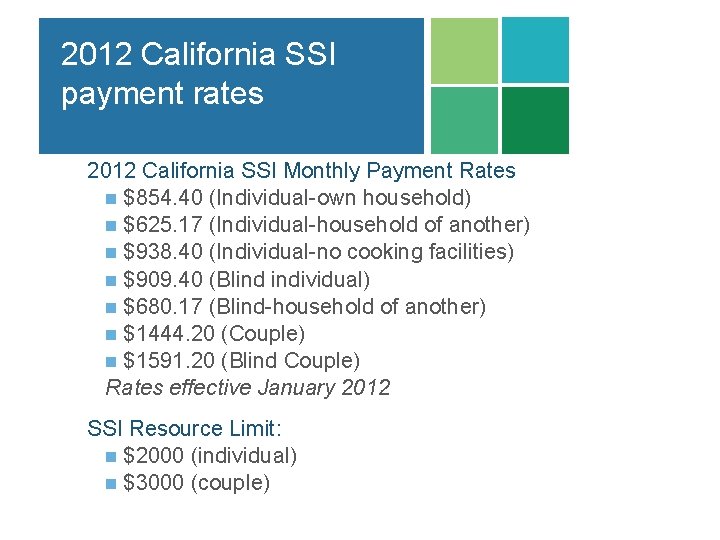 2012 California SSI payment rates 2012 California SSI Monthly Payment Rates n $854. 40 2012 California SSI payment rates 2012 California SSI Monthly Payment Rates n $854. 40