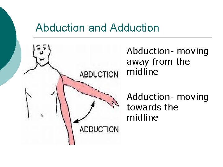 Abduction and Adduction Abduction- moving away from the midline Adduction- moving towards the midline Abduction and Adduction Abduction- moving away from the midline Adduction- moving towards the midline