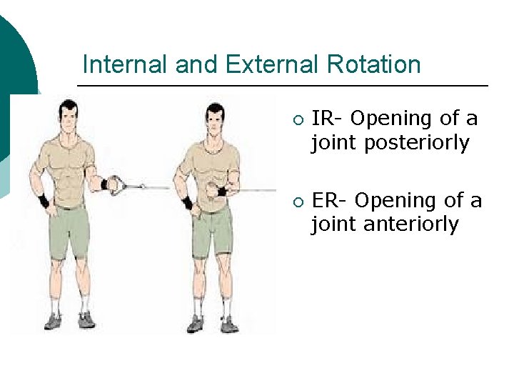 Internal and External Rotation ¡ ¡ IR- Opening of a joint posteriorly ER- Opening Internal and External Rotation ¡ ¡ IR- Opening of a joint posteriorly ER- Opening