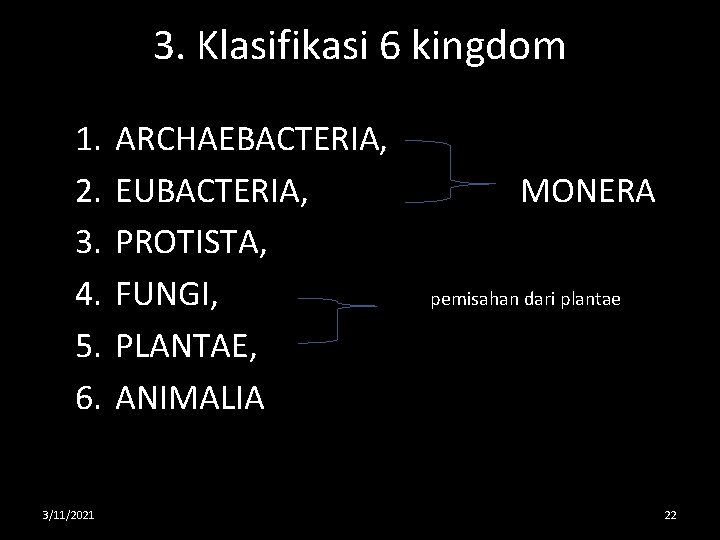 3. Klasifikasi 6 kingdom 1. 2. 3. 4. 5. 6. 3/11/2021 ARCHAEBACTERIA, EUBACTERIA, PROTISTA,
