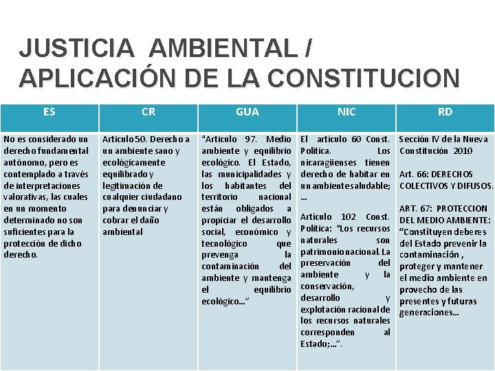 JUSTICIA AMBIENTAL / APLICACIÓN DE LA CONSTITUCION ES No es considerado un derecho fundamental