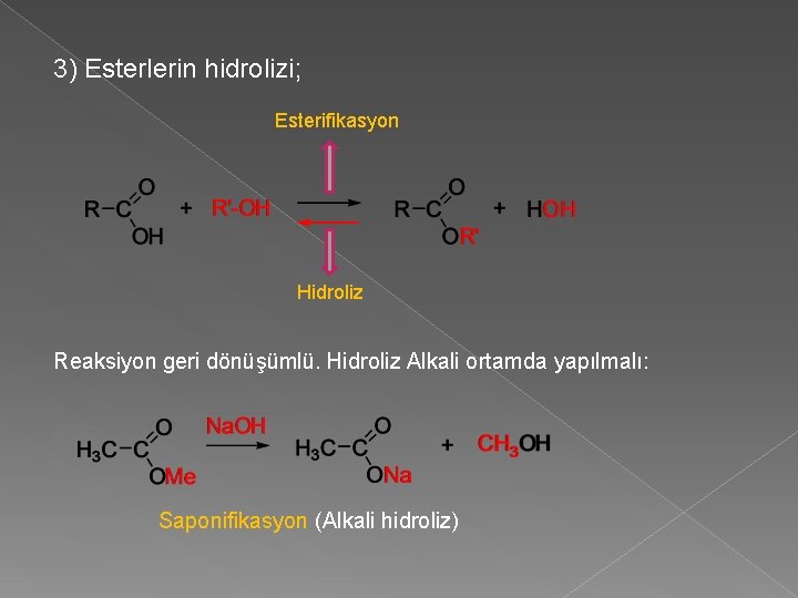 3) Esterlerin hidrolizi; Esterifikasyon Hidroliz Reaksiyon geri dönüşümlü. Hidroliz Alkali ortamda yapılmalı: Saponifikasyon (Alkali