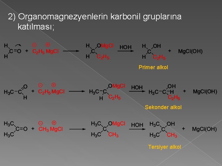 2) Organomagnezyenlerin karbonil gruplarına katılması; Primer alkol Sekonder alkol Tersiyer alkol 