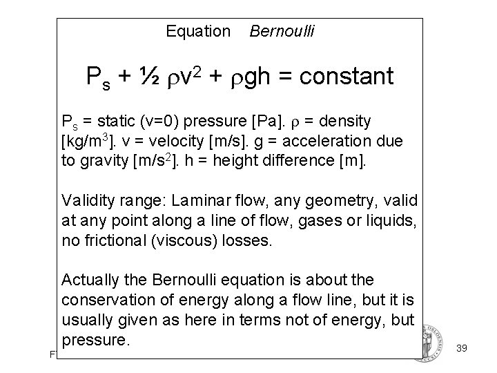 Equation Bernoulli Ps + ½ v 2 + gh = constant Ps = static