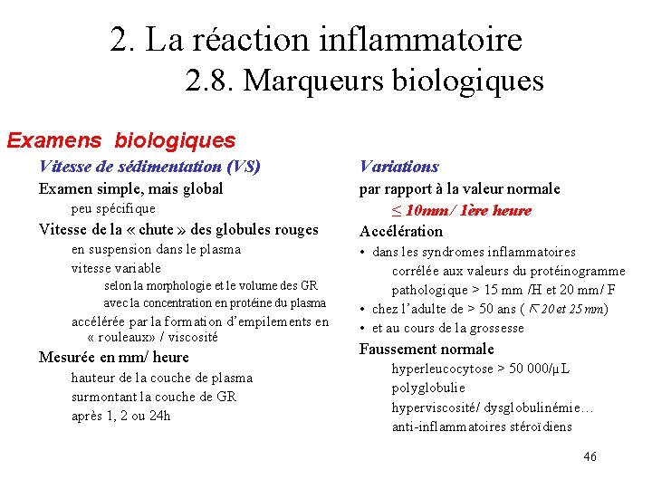 2. La réaction inflammatoire 2. 8. Marqueurs biologiques Examens biologiques Vitesse de sédimentation (VS) 2. La réaction inflammatoire 2. 8. Marqueurs biologiques Examens biologiques Vitesse de sédimentation (VS)
