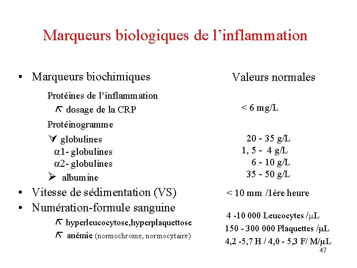 Marqueurs biologiques de l’inflammation • Marqueurs biochimiques Valeurs normales Protéines de l’inflammation dosage de Marqueurs biologiques de l’inflammation • Marqueurs biochimiques Valeurs normales Protéines de l’inflammation dosage de