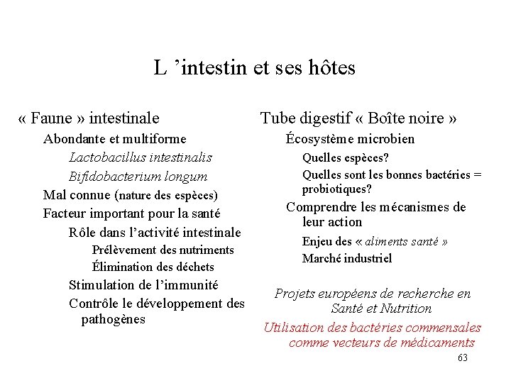 L ’intestin et ses hôtes « Faune » intestinale Abondante et multiforme Lactobacillus intestinalis L ’intestin et ses hôtes « Faune » intestinale Abondante et multiforme Lactobacillus intestinalis