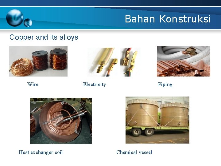 Bahan Konstruksi Copper and its alloys Wire Heat exchanger coil Electricity Piping Chemical vessel