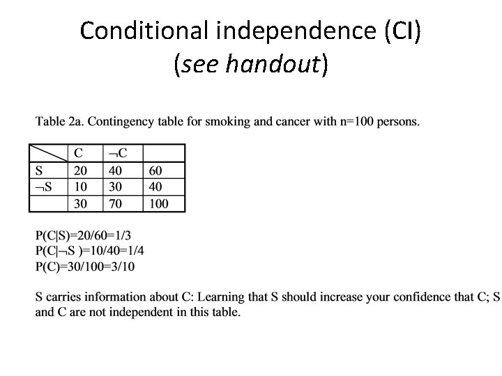 Conditional independence (CI) (see handout) 