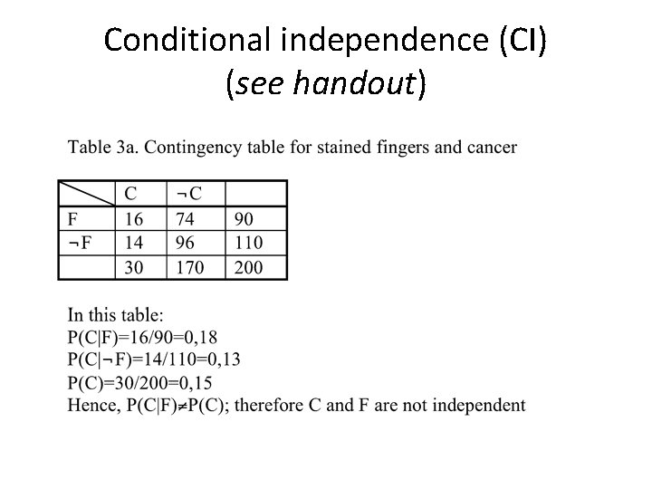 Conditional independence (CI) (see handout) 