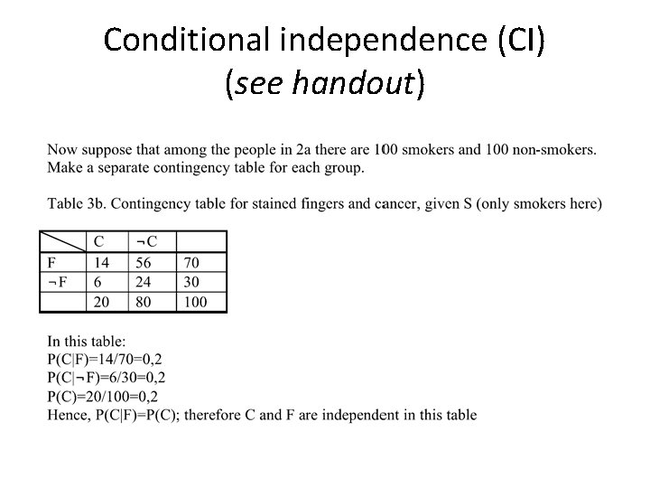 Conditional independence (CI) (see handout) 