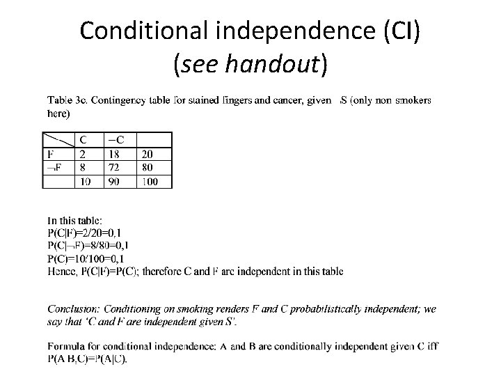 Conditional independence (CI) (see handout) 