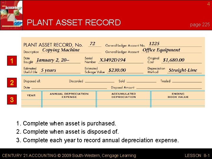 4 PLANT ASSET RECORD page 225 1 2 3 1. Complete when asset is 4 PLANT ASSET RECORD page 225 1 2 3 1. Complete when asset is