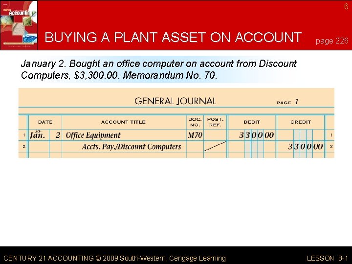 6 BUYING A PLANT ASSET ON ACCOUNT page 226 January 2. Bought an office 6 BUYING A PLANT ASSET ON ACCOUNT page 226 January 2. Bought an office
