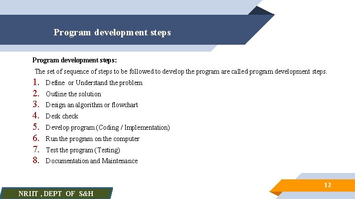 Program development steps: The set of sequence of steps to be followed to develop