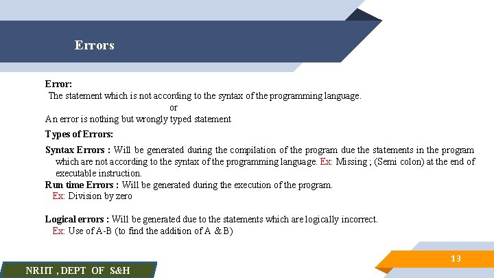 Errors Error: The statement which is not according to the syntax of the programming