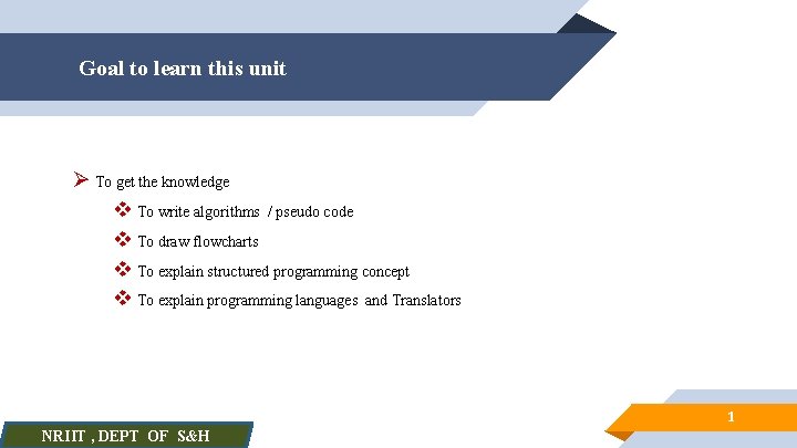 Goal to learn this unit Ø To get the knowledge v To write algorithms