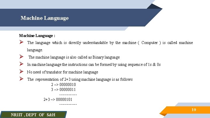 Machine Language : Ø The language which is directly understandable by the machine (