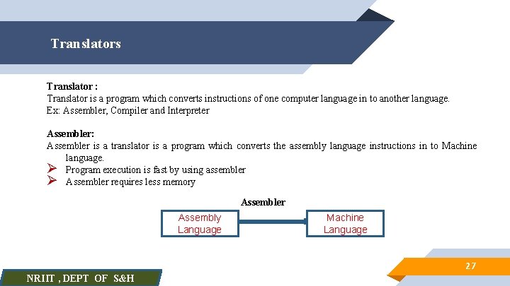 Translators Translator : Translator is a program which converts instructions of one computer language