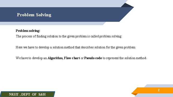 Problem Solving Problem solving: The process of finding solution to the given problem is