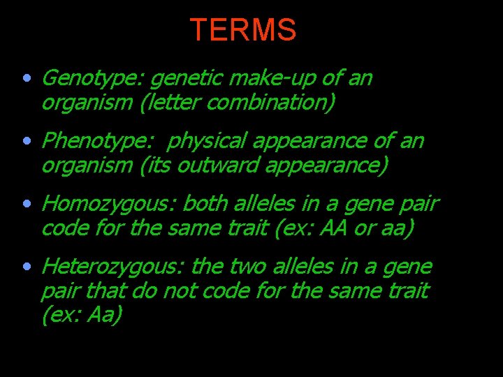 TERMS • Genotype: genetic make-up of an organism (letter combination) • Phenotype: physical appearance