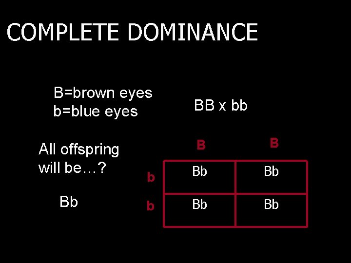 COMPLETE DOMINANCE B=brown eyes b=blue eyes All offspring will be…? Bb BB x bb
