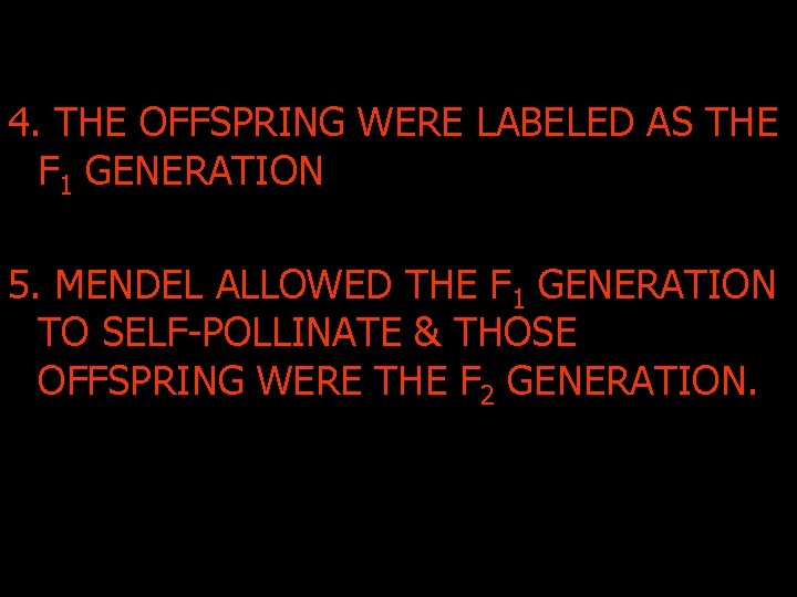 4. THE OFFSPRING WERE LABELED AS THE F 1 GENERATION 5. MENDEL ALLOWED THE